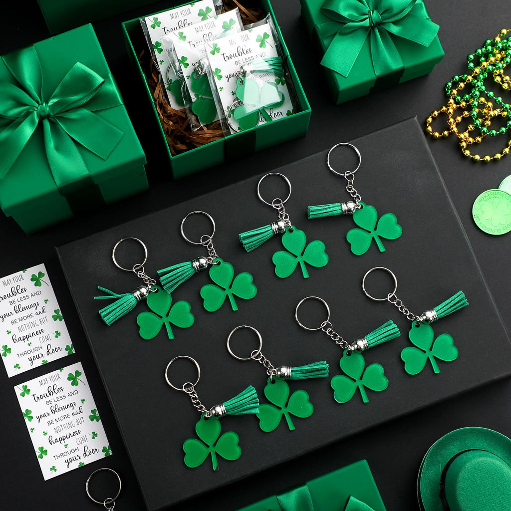 Dispowreath 36 Pack St. Patrick's Day Gift Sets - Shamrock Keychains with Tassels, Blessing Cards, OPP Bags for Irish Party Favors