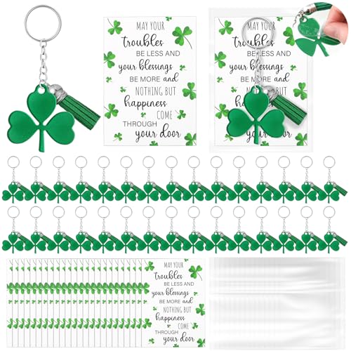Dispowreath 36 Pack St. Patrick's Day Gift Sets - Shamrock Keychains with Tassels, Blessing Cards, OPP Bags for Irish Party Favors