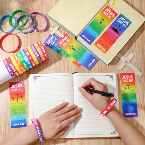 Dispowreath 60 Pcs Christian Gift Set: John 3:16 Wristbands and Bookmarks for Kids Sunday School