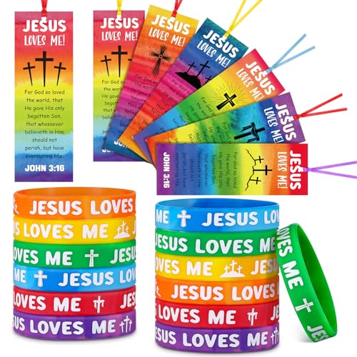Dispowreath 60 Pcs Christian Gift Set: John 3:16 Wristbands and Bookmarks for Kids Sunday School