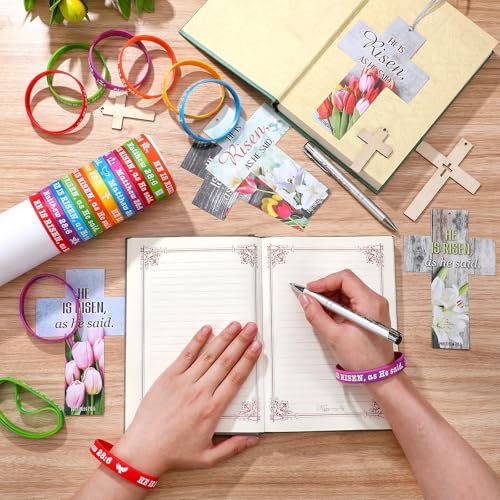 Dispowreath 60-Piece Easter He Is Risen Bookmarks and Bracelets Set – Bible Verse Matthew 28:6 Christian Gifts for Church or Sunday School