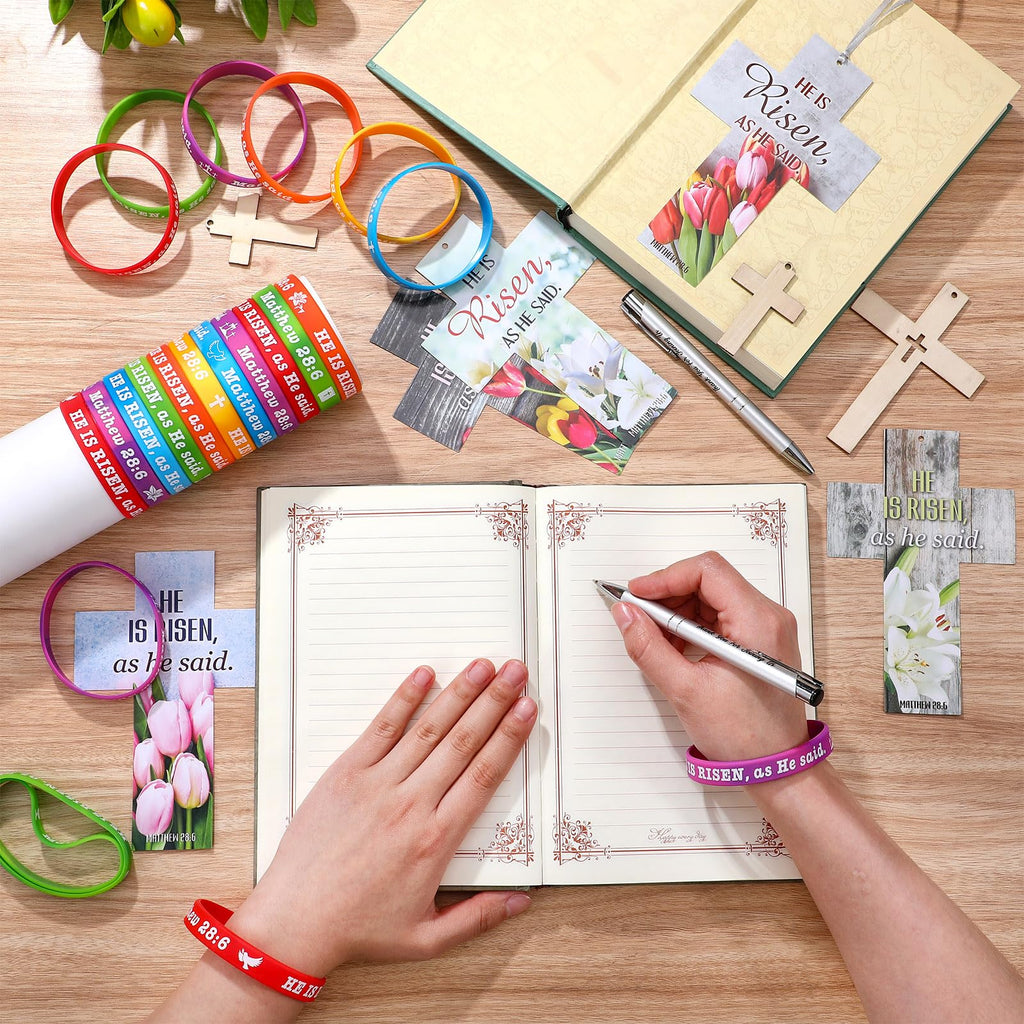 Dispowreath 60-Piece Easter He Is Risen Bookmarks and Bracelets Set – Bible Verse Matthew 28:6 Christian Gifts for Church or Sunday School