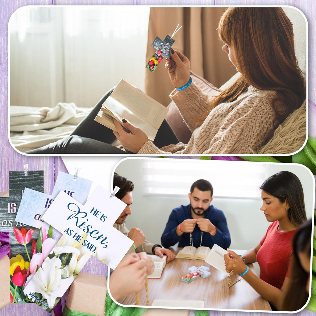 Dispowreath 60-Piece Easter He Is Risen Bookmarks and Bracelets Set – Bible Verse Matthew 28:6 Christian Gifts for Church or Sunday School