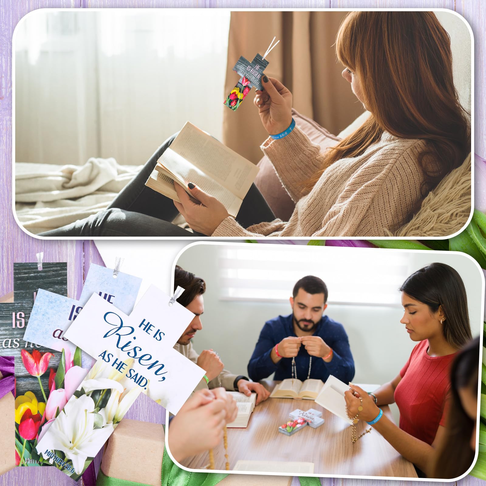 Dispowreath 60-Piece Easter He Is Risen Bookmarks and Bracelets Set – Bible Verse Matthew 28:6 Christian Gifts for Church or Sunday School