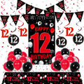 Distasio Red and Black 12th Birthday Decorations Kit – 31-Piece Party Set with Door Banner, Tablecloth, Balloons & More