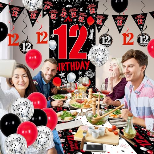 Distasio Red and Black 12th Birthday Decorations Kit – 31-Piece Party Set with Door Banner, Tablecloth, Balloons & More