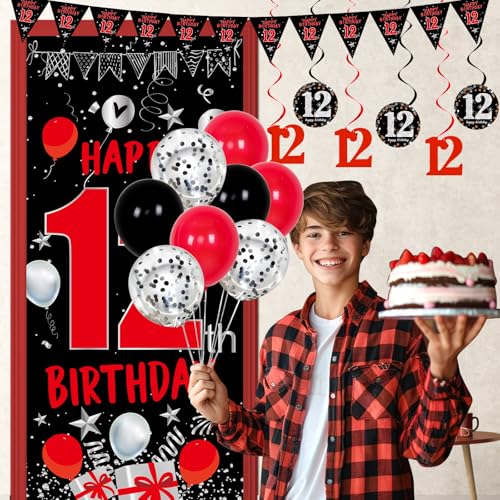 Distasio Red and Black 12th Birthday Decorations Kit – 31-Piece Party Set with Door Banner, Tablecloth, Balloons & More