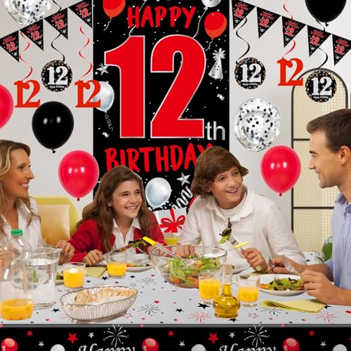 Distasio Red and Black 12th Birthday Decorations Kit – 31-Piece Party Set with Door Banner, Tablecloth, Balloons & More