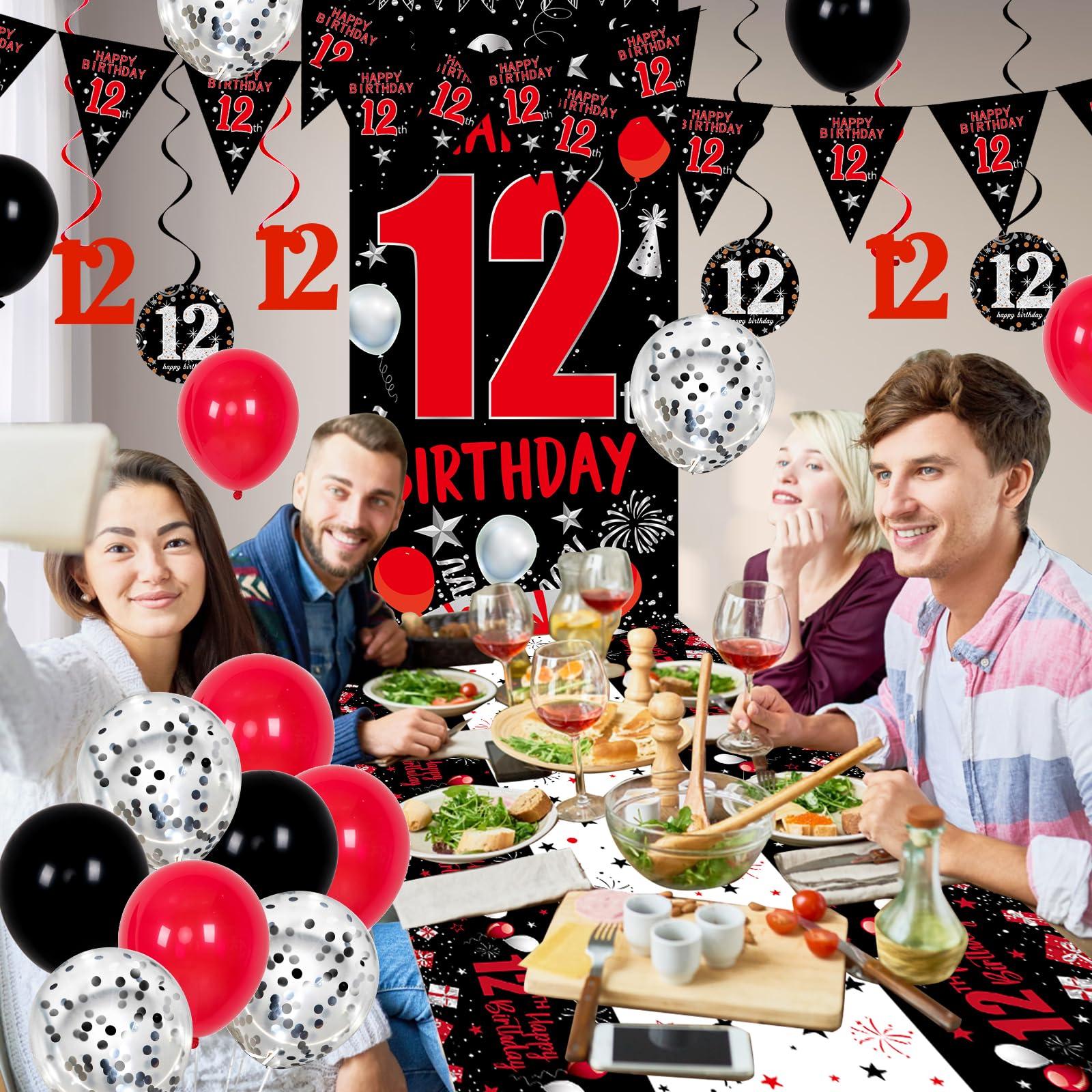Distasio Red and Black 12th Birthday Decorations Kit – 31-Piece Party Set with Door Banner, Tablecloth, Balloons & More