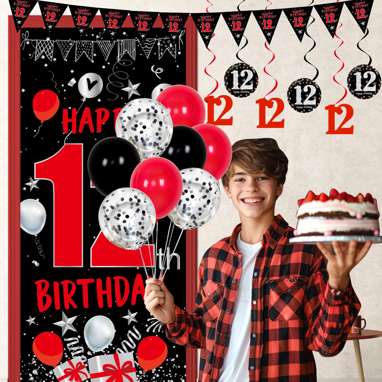 Distasio Red and Black 12th Birthday Decorations Kit – 31-Piece Party Set with Door Banner, Tablecloth, Balloons & More