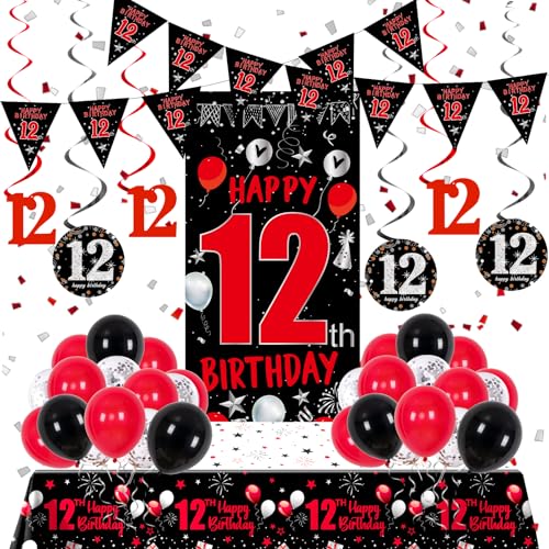 Distasio Red and Black 12th Birthday Decorations Kit – 31-Piece Party Set with Door Banner, Tablecloth, Balloons & More