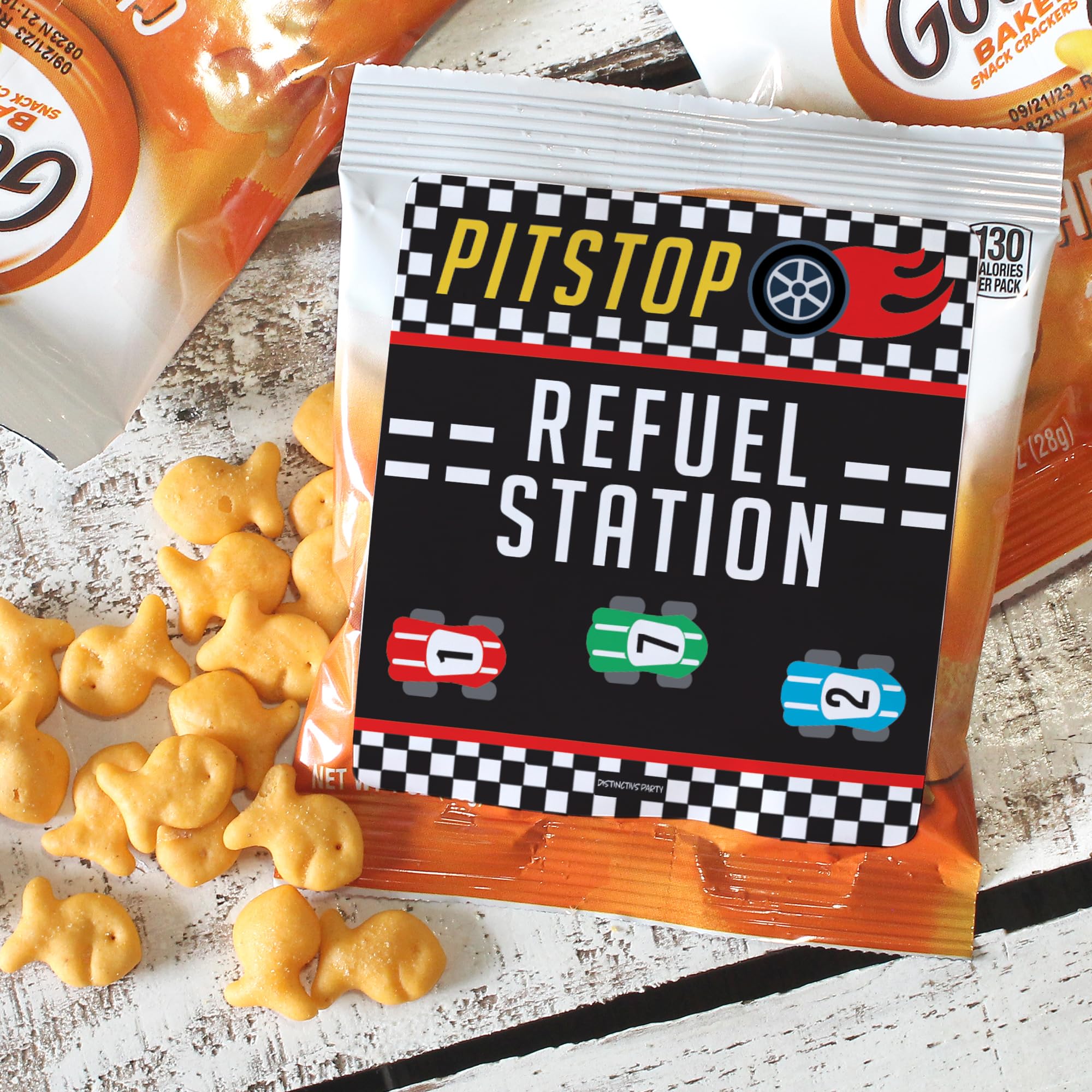 Distinctivs 32-Pack Race Car Chip Bag Labels – Pitstop Refuel Station Design for Birthday Party Favors
