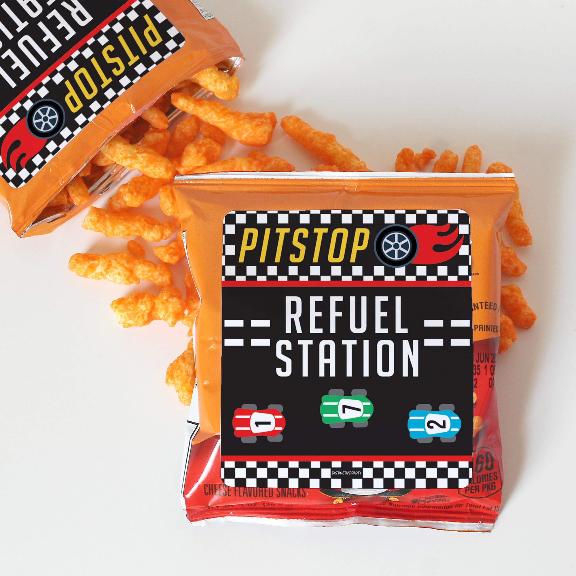 Distinctivs 32-Pack Race Car Chip Bag Labels – Pitstop Refuel Station Design for Birthday Party Favors