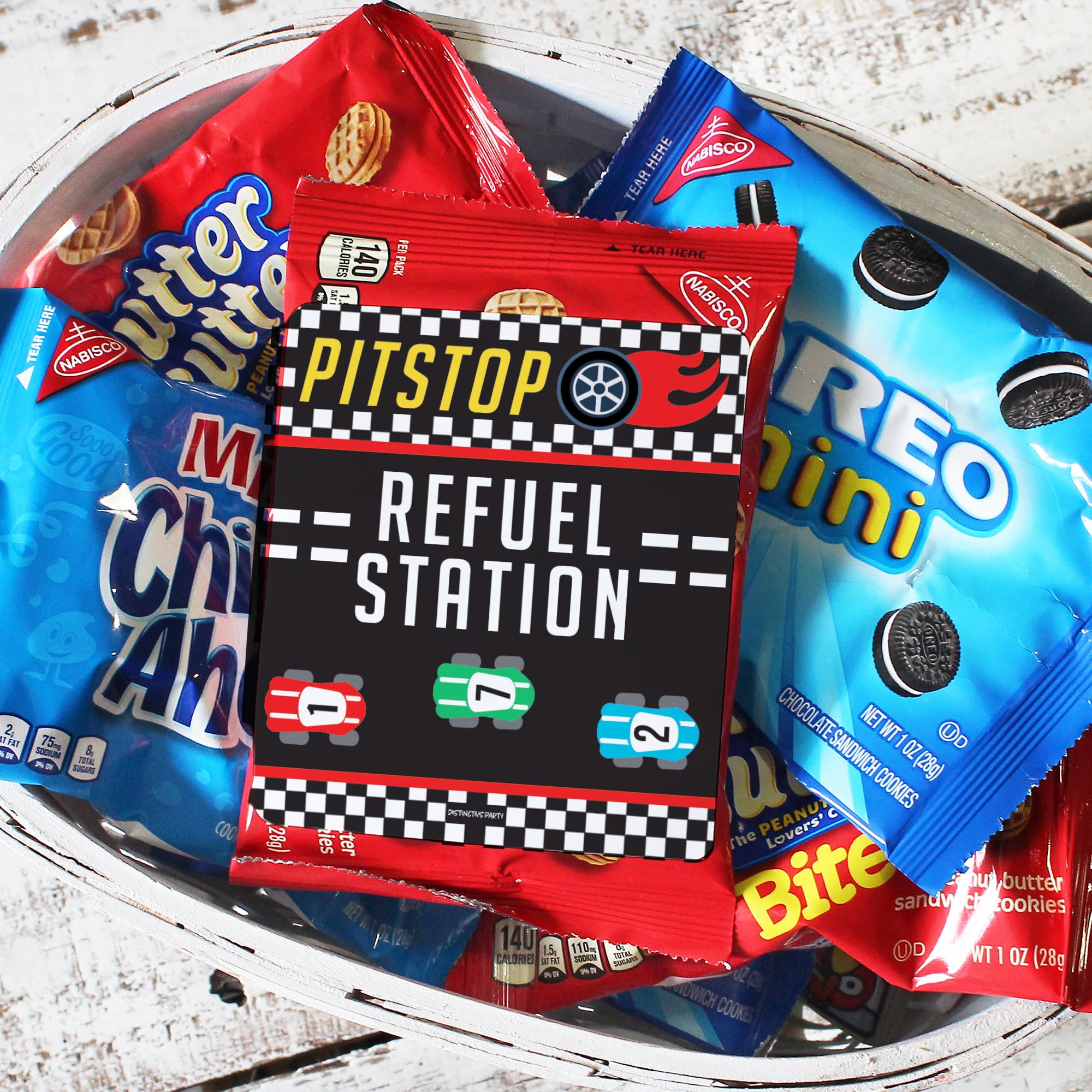 Distinctivs 32-Pack Race Car Chip Bag Labels – Pitstop Refuel Station Design for Birthday Party Favors