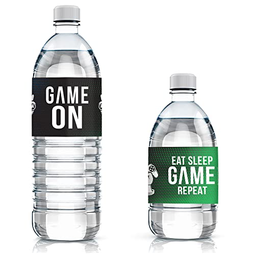 DISTINCTIVS Gamer Birthday Party Favors – 20 Waterproof Video Game Water Bottle Labels – Peel and Stick Stickers for Gaming Party Decorations