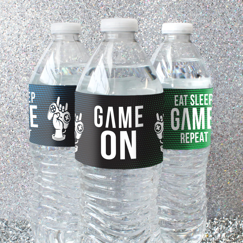DISTINCTIVS Gamer Birthday Party Favors – 20 Waterproof Video Game Water Bottle Labels – Peel and Stick Stickers for Gaming Party Decorations