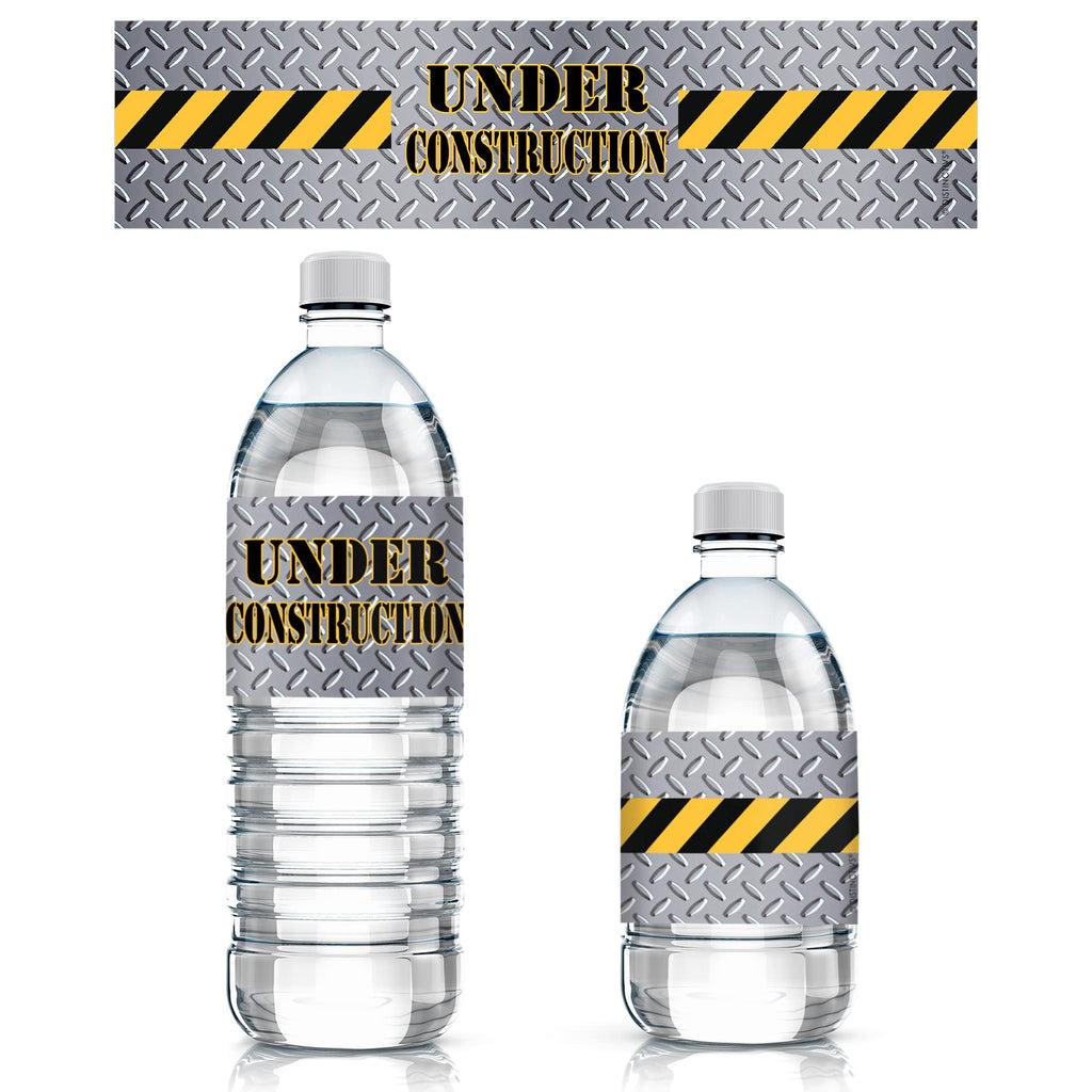 DISTINCTIVS Under Construction Water Bottle Labels - 20 Stickers, 8x2 Inch, Waterproof, Caution Tape Design