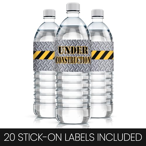 DISTINCTIVS Under Construction Water Bottle Labels - 20 Stickers, 8x2 Inch, Waterproof, Caution Tape Design