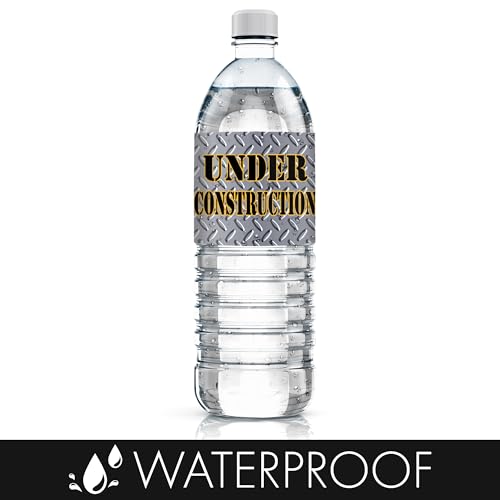 DISTINCTIVS Under Construction Water Bottle Labels - 20 Stickers, 8x2 Inch, Waterproof, Caution Tape Design