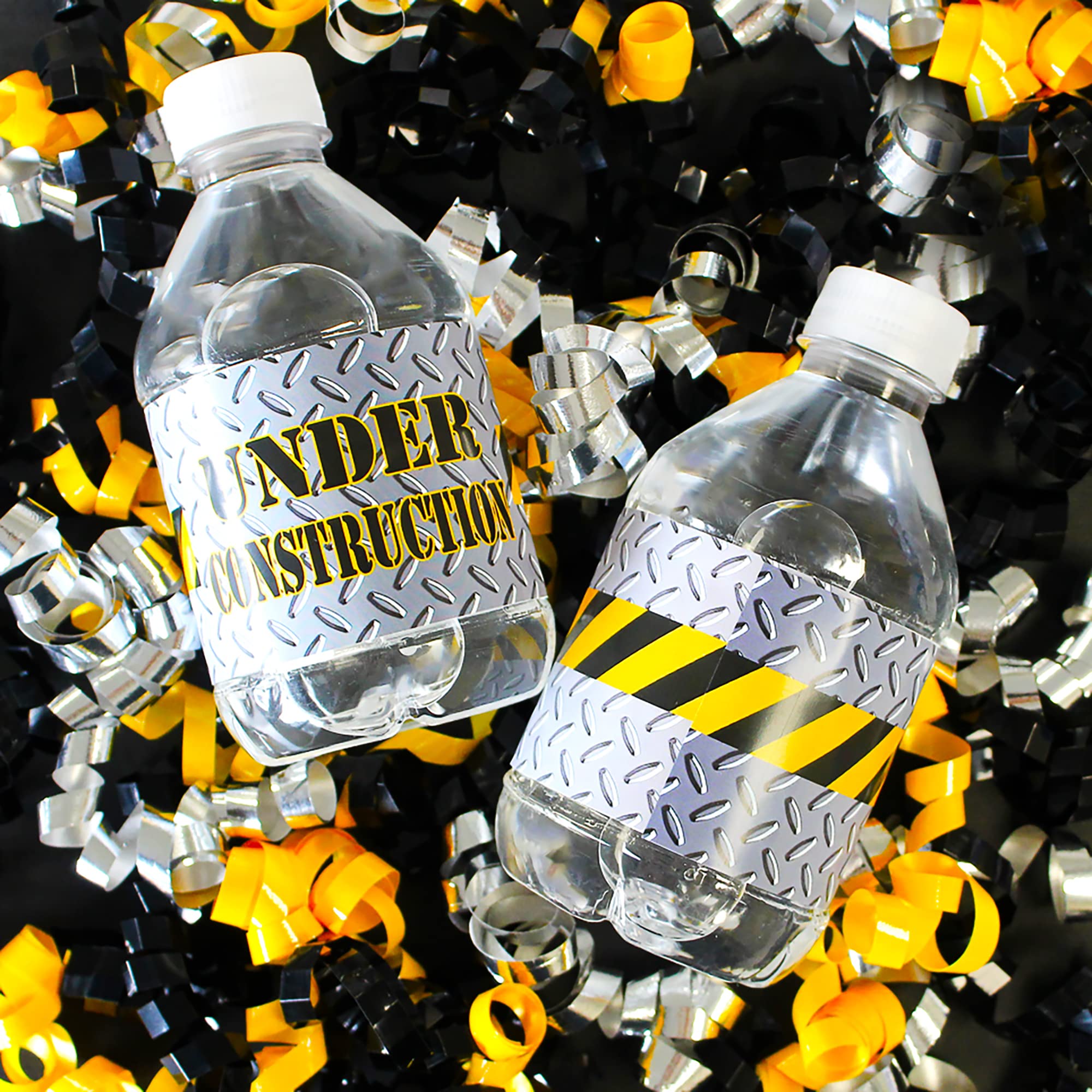 DISTINCTIVS Under Construction Water Bottle Labels - 20 Stickers, 8x2 Inch, Waterproof, Caution Tape Design