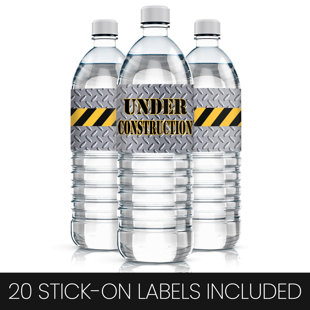 DISTINCTIVS Under Construction Water Bottle Labels - 20 Stickers, 8x2 Inch, Waterproof, Caution Tape Design