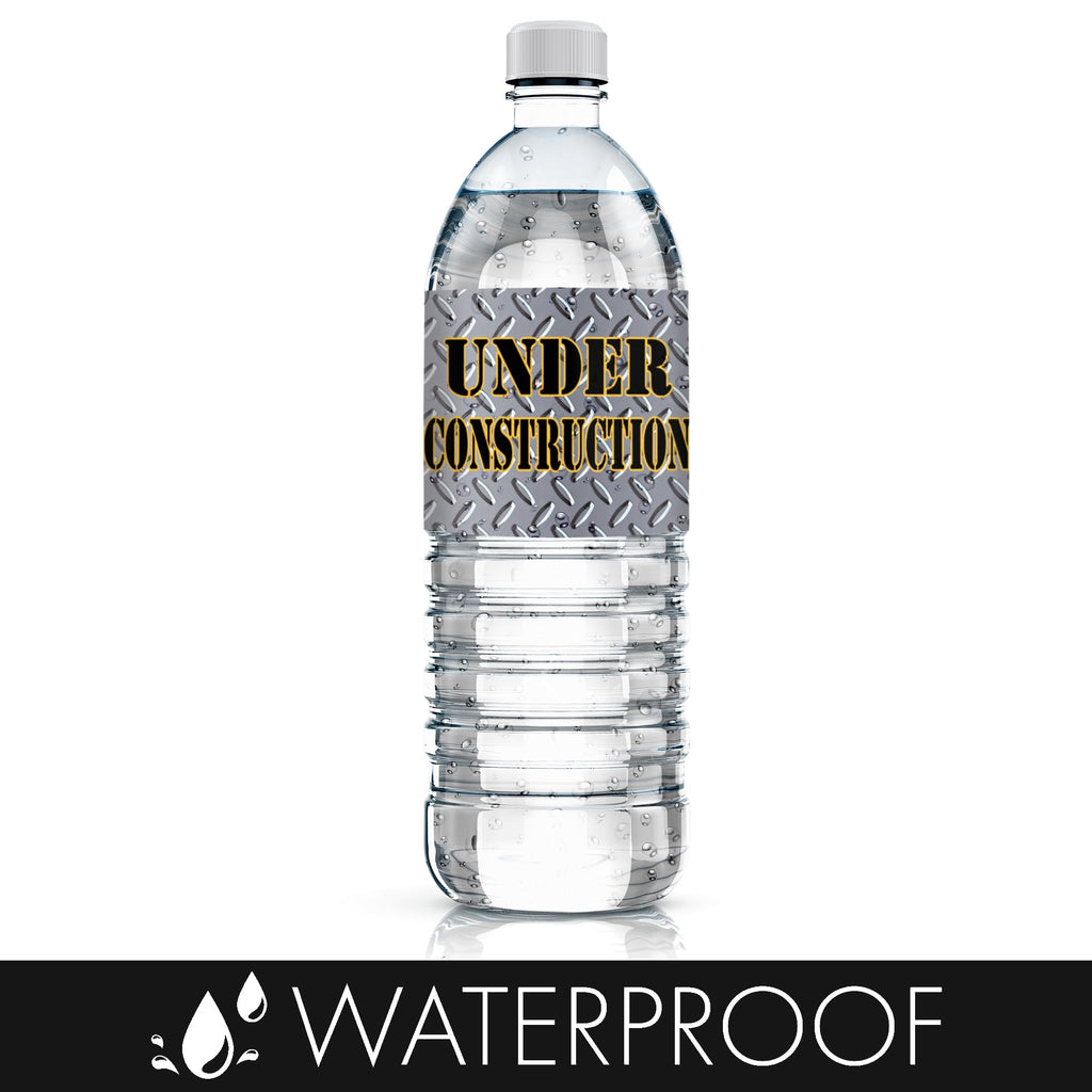 DISTINCTIVS Under Construction Water Bottle Labels - 20 Stickers, 8x2 Inch, Waterproof, Caution Tape Design