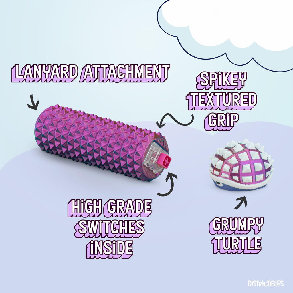 Distractibles Shelly Sensory Fidget Clicker - Neon Harmony - Textured Spiked Base & Turtle Clicker for Focus