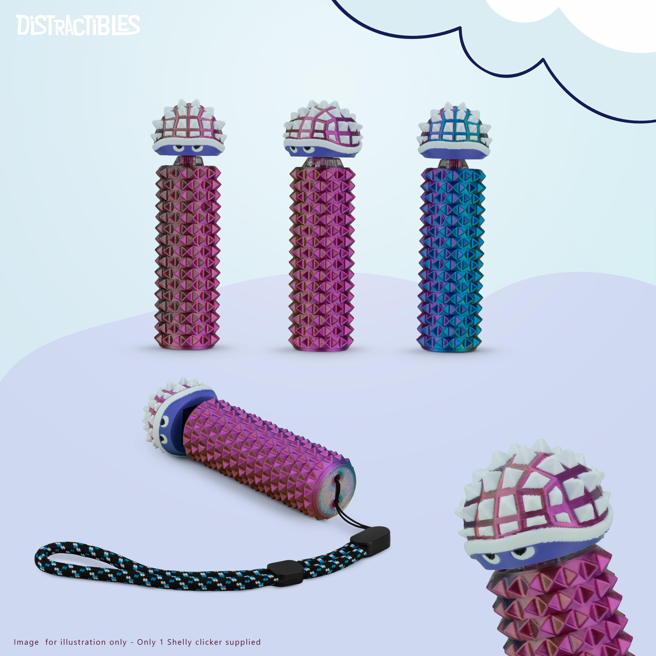 Distractibles Shelly Sensory Fidget Clicker - Neon Harmony - Textured Spiked Base & Turtle Clicker for Focus