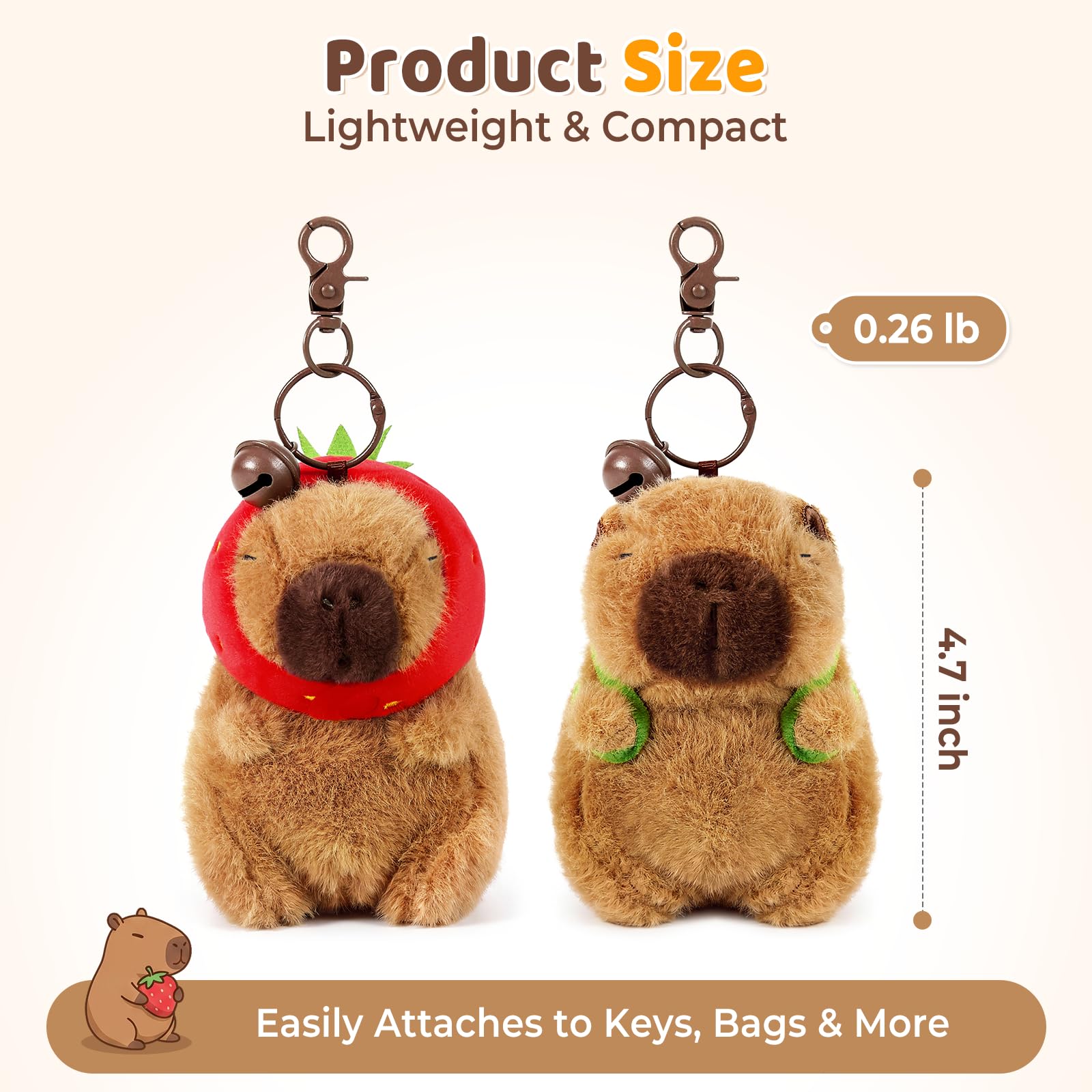 Ditucu 2-Pack Capybara Plush Keychain Set – Strawberry & Turtle Design, Soft Stuffed Animal Pendant for Backpacks and Keys