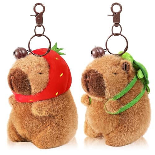 Ditucu 2-Pack Capybara Plush Keychain Set – Strawberry & Turtle Design, Soft Stuffed Animal Pendant for Backpacks and Keys