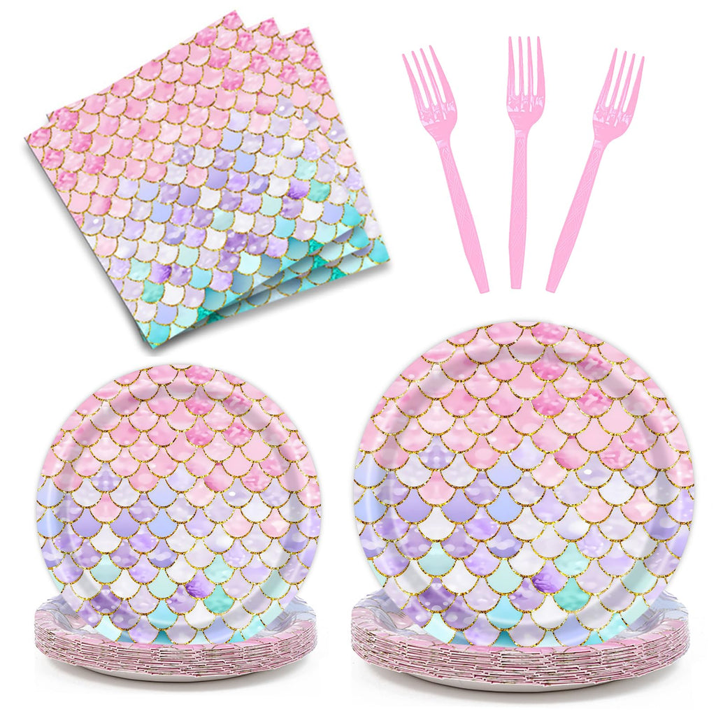 Dixutzi 96-Piece Mermaid Party Tableware Set – 24 Plates, Napkins, Forks for Ocean Theme Birthdays