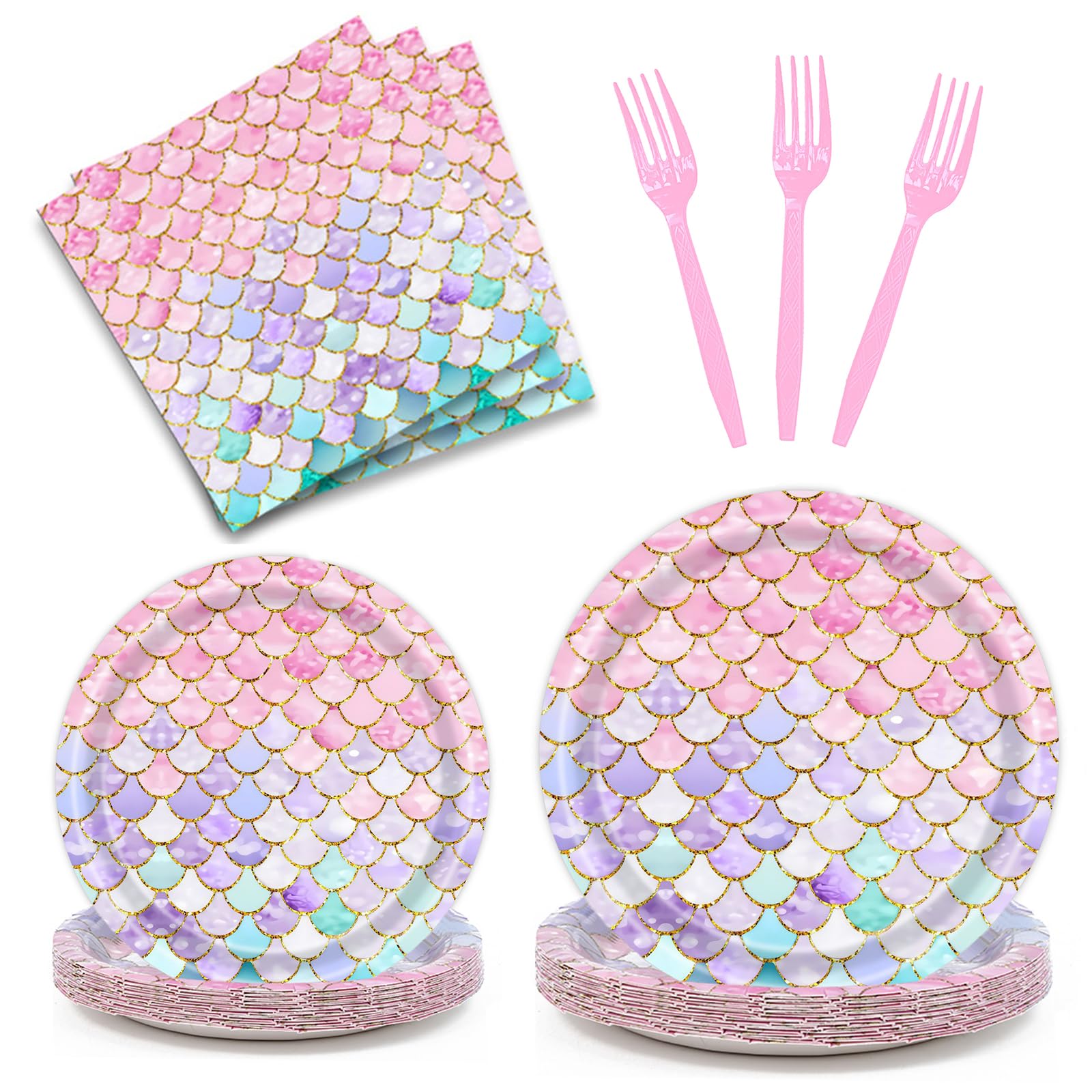 Dixutzi 96-Piece Mermaid Party Tableware Set – 24 Plates, Napkins, Forks for Ocean Theme Birthdays