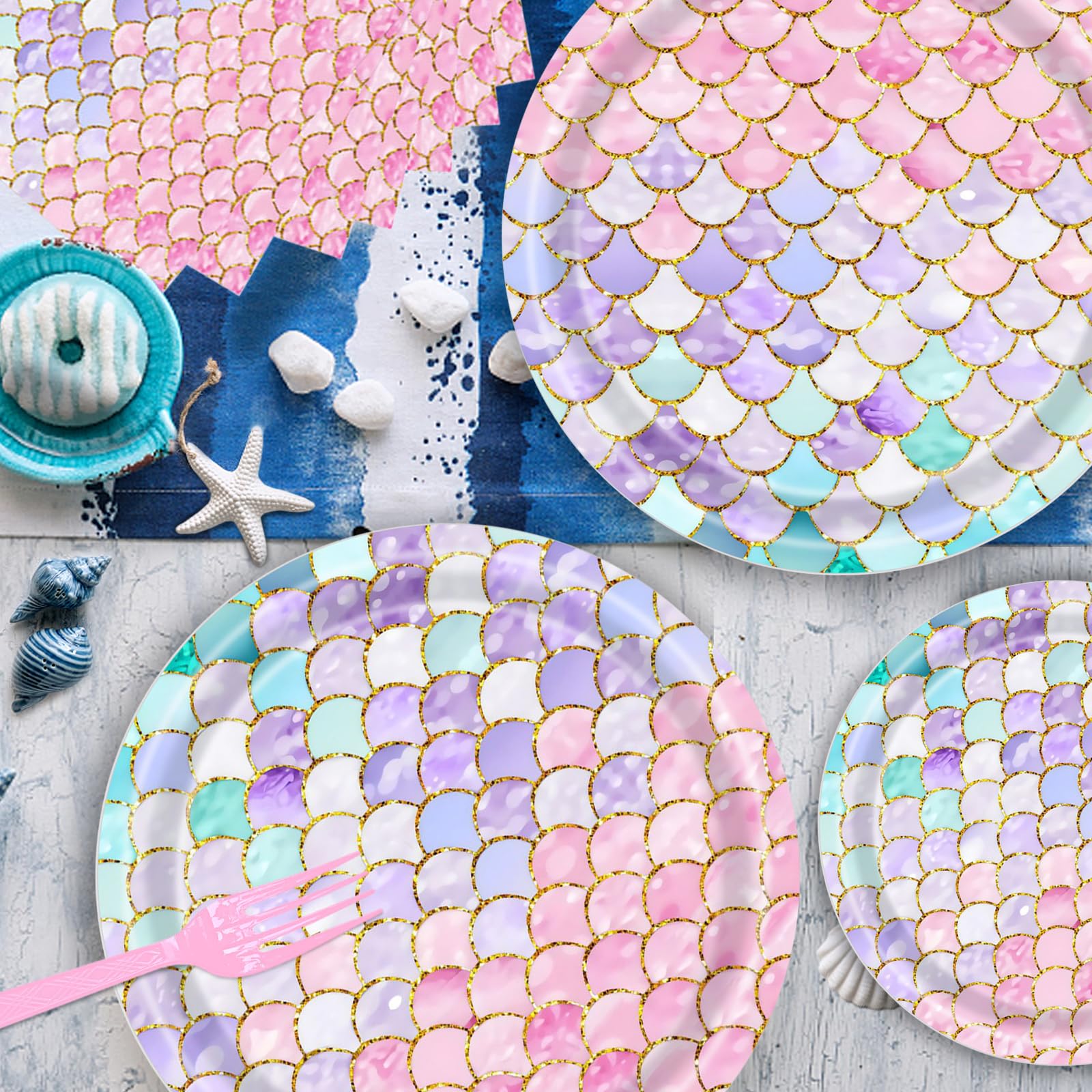 Dixutzi 96-Piece Mermaid Party Tableware Set – 24 Plates, Napkins, Forks for Ocean Theme Birthdays