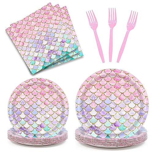 Dixutzi 96-Piece Mermaid Party Tableware Set – 24 Plates, Napkins, Forks for Ocean Theme Birthdays