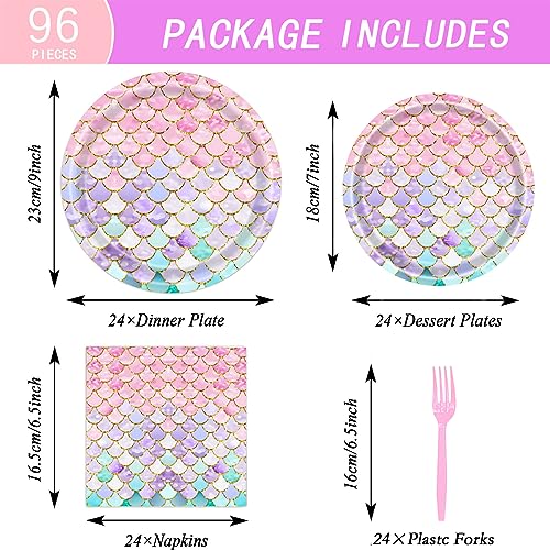 Dixutzi 96-Piece Mermaid Party Tableware Set – 24 Plates, Napkins, Forks for Ocean Theme Birthdays