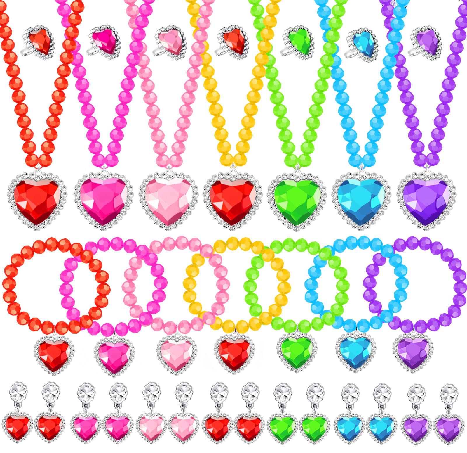 DIZRNOI Princess Jewelry Set for Girls - 28 Pieces with Box, Clip-On Earrings, Elastic Bracelets & Necklaces