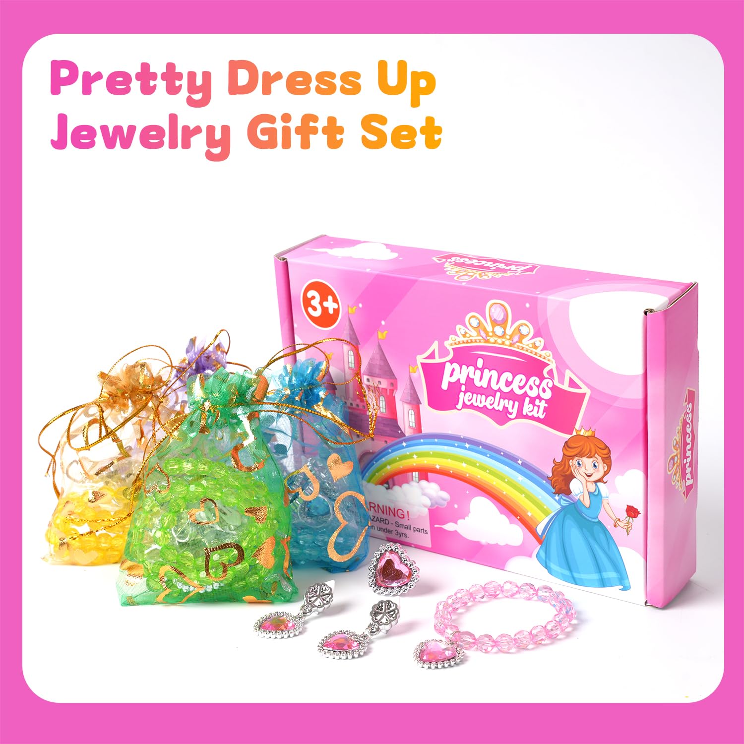 DIZRNOI Princess Jewelry Set for Girls - 28 Pieces with Box, Clip-On Earrings, Elastic Bracelets & Necklaces