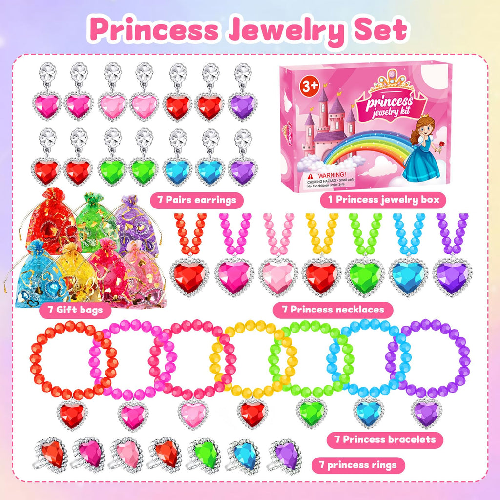 DIZRNOI Princess Jewelry Set for Girls - 28 Pieces with Box, Clip-On Earrings, Elastic Bracelets & Necklaces
