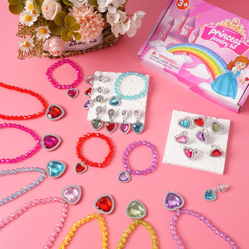 DIZRNOI Princess Jewelry Set for Girls - 28 Pieces with Box, Clip-On Earrings, Elastic Bracelets & Necklaces