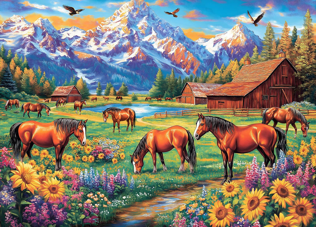 DKijoys 1000 Piece Horse Ranch Jigsaw Puzzle – Sunflowers Meadow Scene for Adults