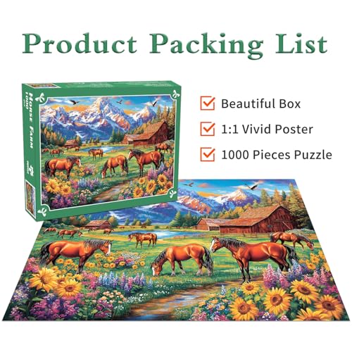 DKijoys 1000 Piece Horse Ranch Jigsaw Puzzle – Sunflowers Meadow Scene for Adults