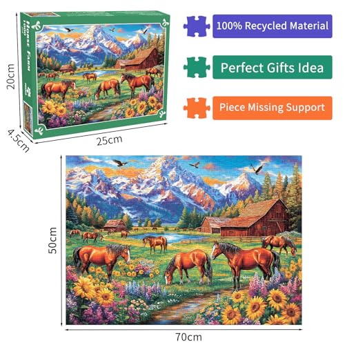 DKijoys 1000 Piece Horse Ranch Jigsaw Puzzle – Sunflowers Meadow Scene for Adults
