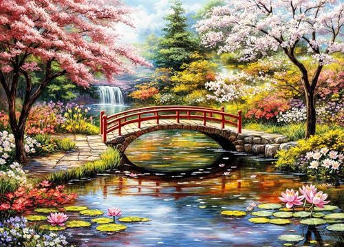 DKijoys 1000 Piece Jigsaw Puzzle for Adults – Japanese Garden with Cherry Trees and Water Lilies