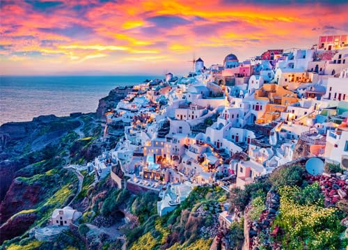 DKijoys 1000-Piece Santorini Oia Sunset Jigsaw Puzzle for Adults