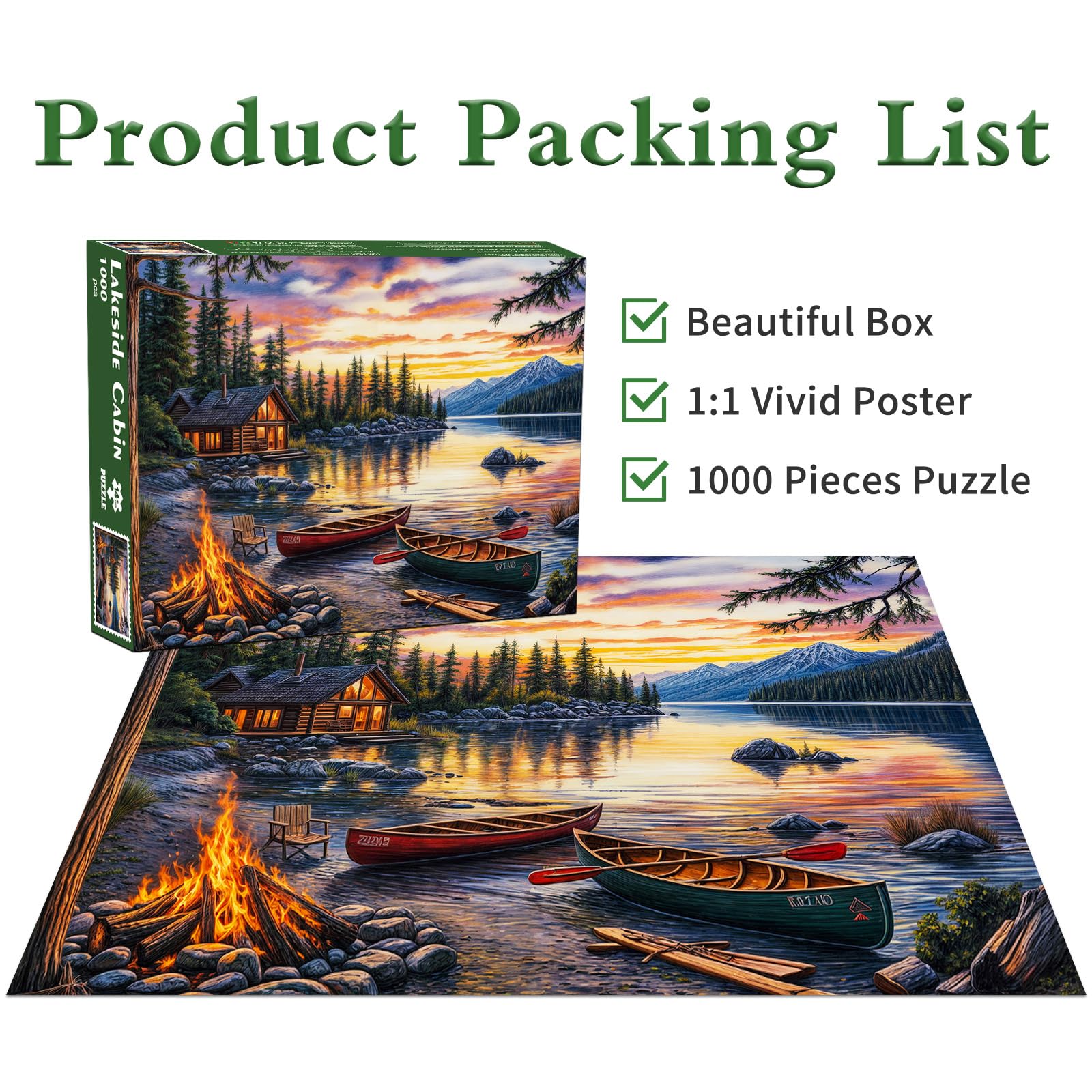 DKijoys Lakeside Cabin 1000 Piece Jigsaw Puzzle – Cozy Campfire Canoes