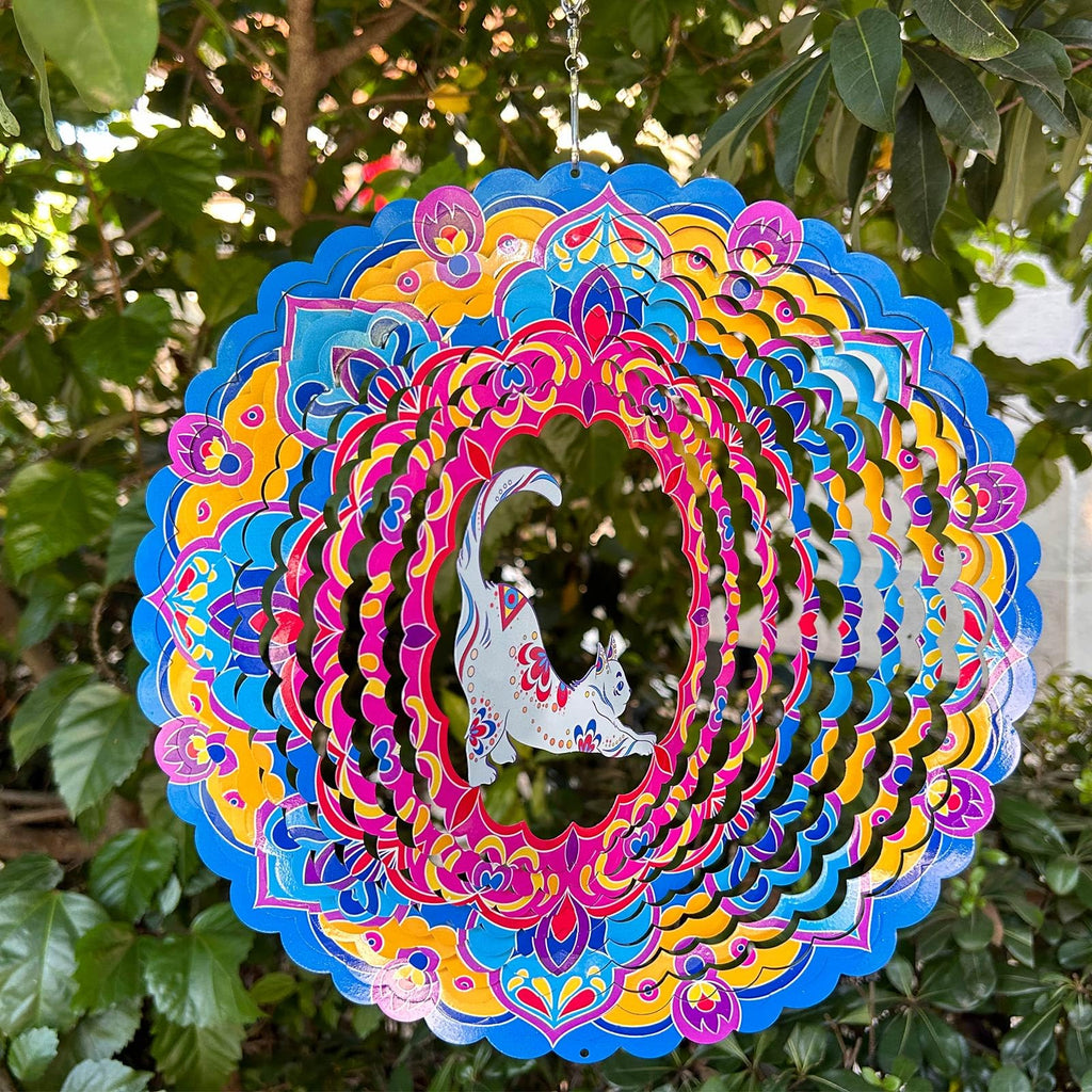 DLNNBKB 12-Inch Cat Wind Spinner - Stainless Steel 3D Kinetic Art - Hanging Indoor Outdoor Decor