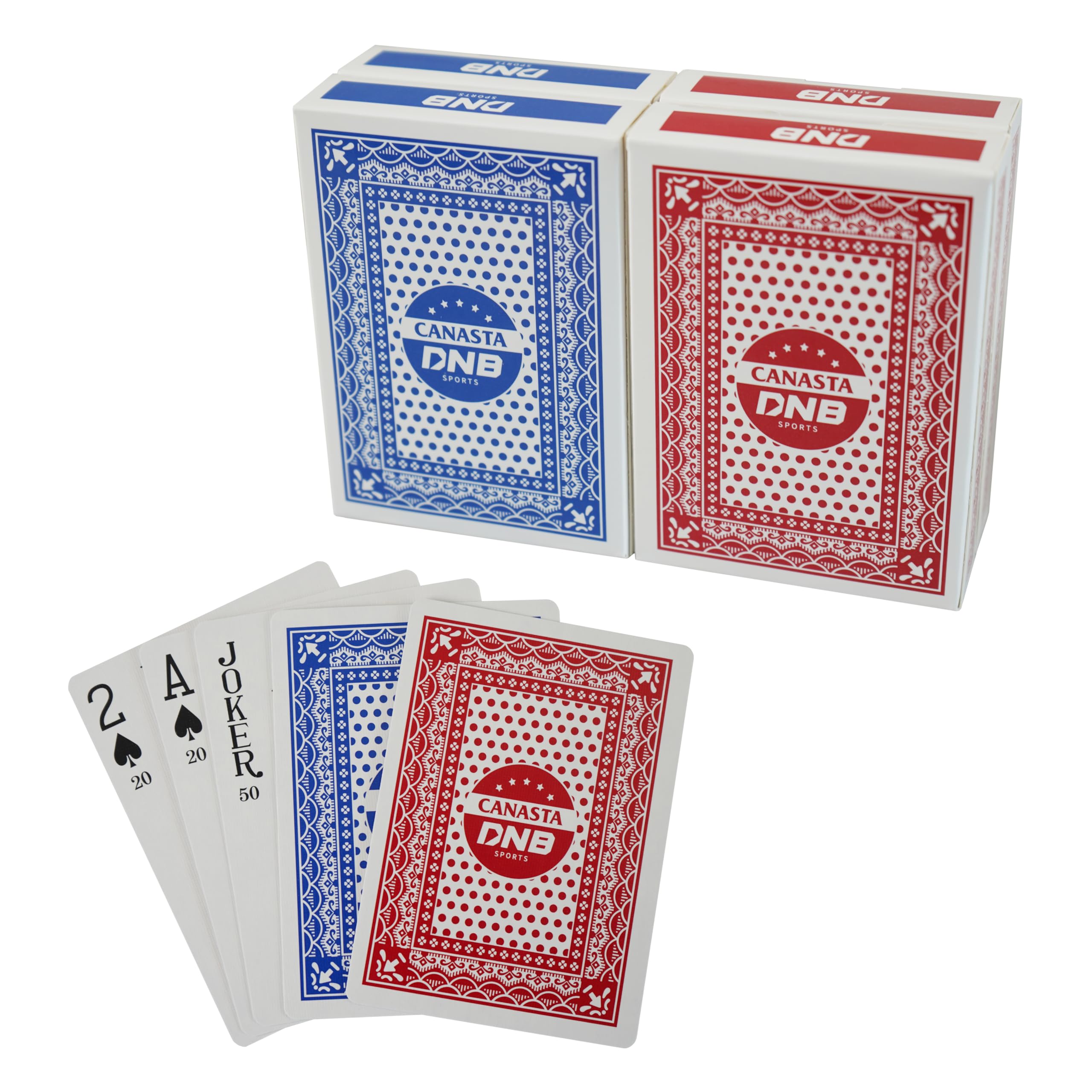 DNB 4-Deck Canasta Cards Set - Blue and Red Decks with Point Values, Canasta & Hand and Foot Rules Included