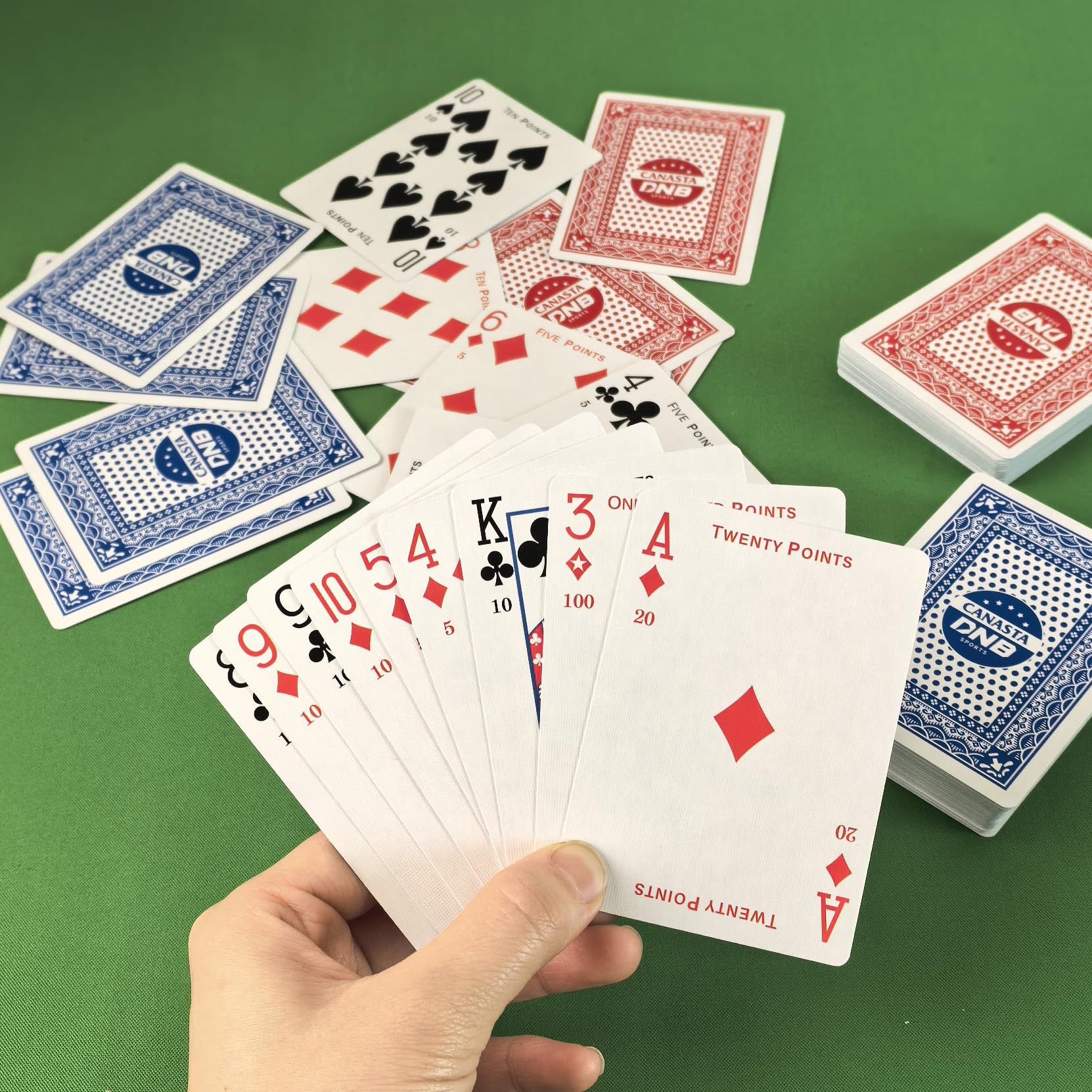 DNB 4-Deck Canasta Cards Set - Blue and Red Decks with Point Values, Canasta & Hand and Foot Rules Included