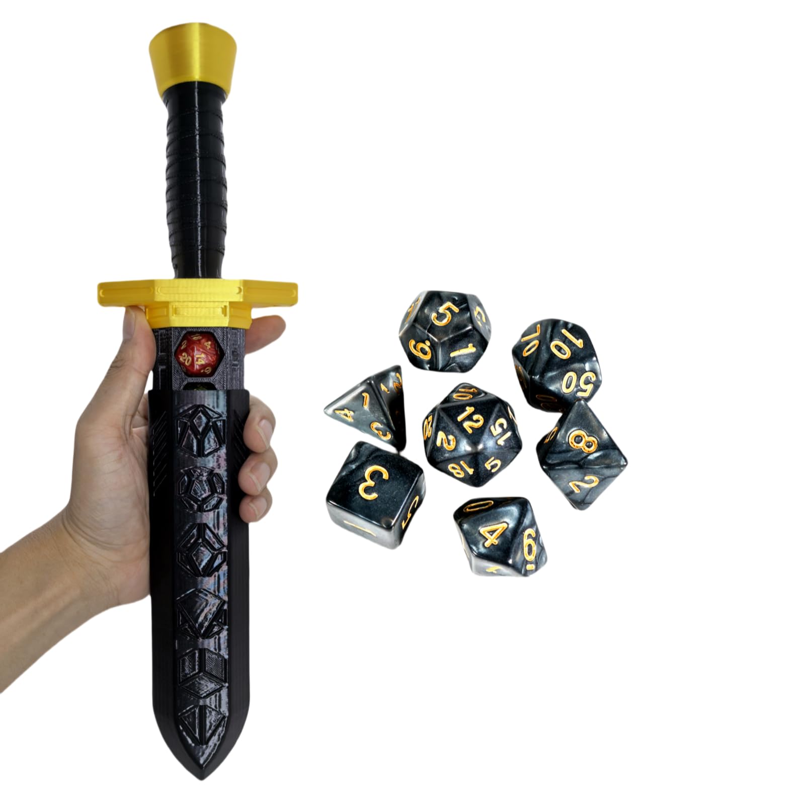 DND Dice Tower with Holder Box – Medieval 3D Printed Dice Jail for RPG Games (Includes Random 7-Piece D20 Set) Black & Black & Gold