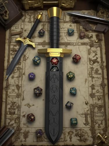 DND Dice Tower with Holder Box – Medieval 3D Printed Dice Jail for RPG Games (Includes Random 7-Piece D20 Set) Black & Black & Gold